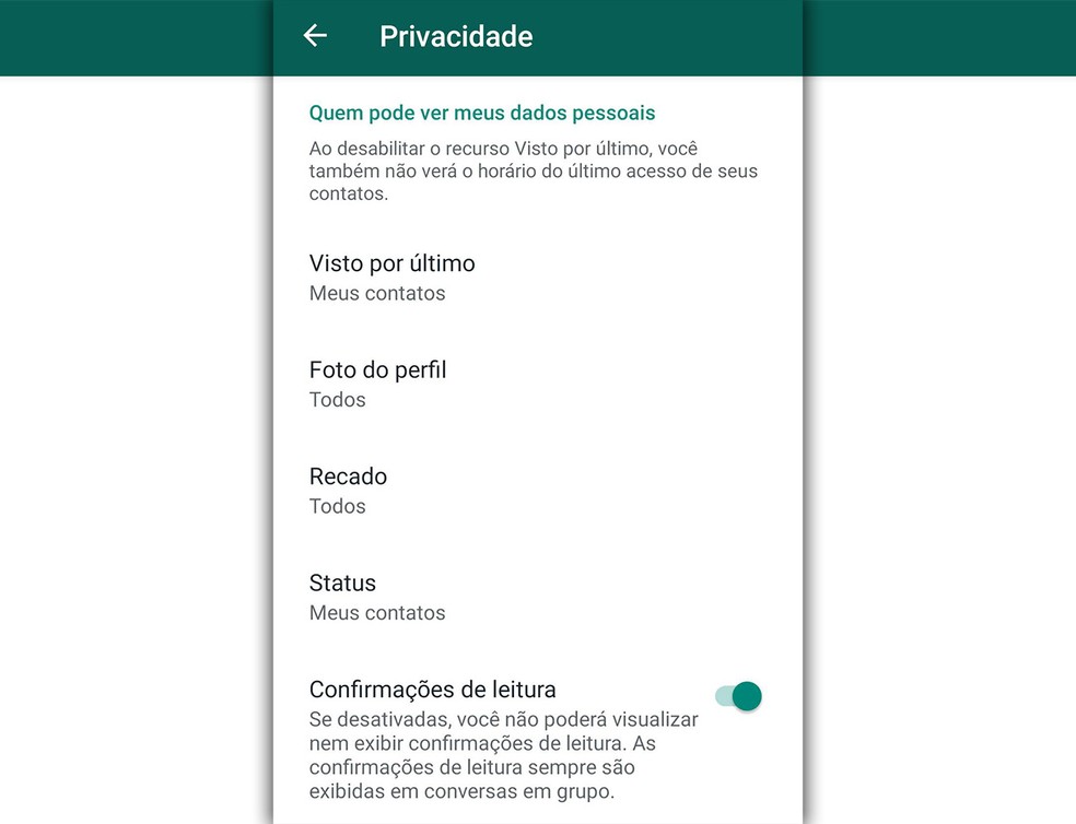 Configurações de privacidade do WhatsApp permitem controlar apenas o 'visto por último', o 'recado' associado ao perfil e o 'status' que funciona como o stories do WhatsApp. Não há ajuste para o aviso de 'online'. — Foto: Reprodução