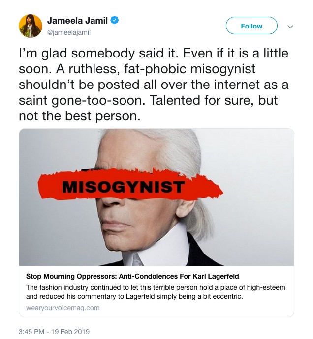 O post da atriz e modelo Jameela Jamil chamando o estilista Karl Lagerfeld (1933-2019) de misógino e gordofóbico (Foto: Twitter)
