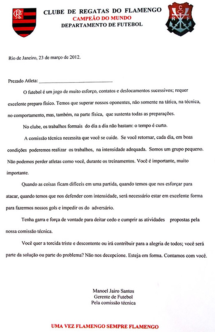 carta Flamengo jogadores recomendações (Foto: Reprodução)