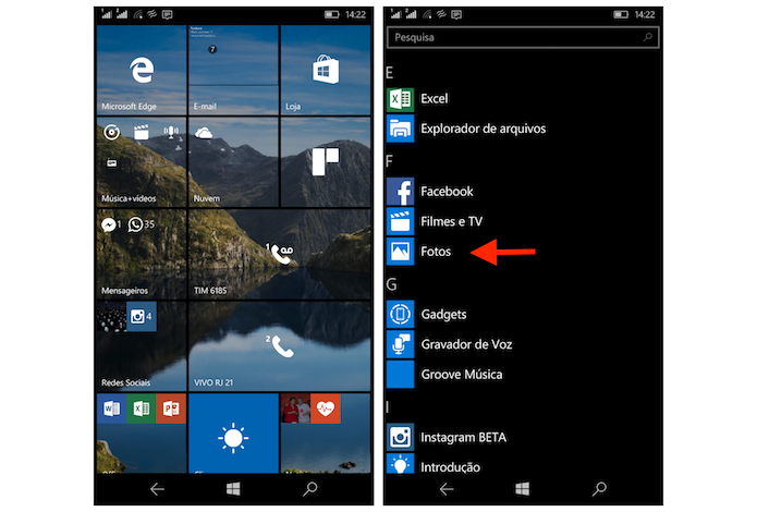 Acessando a biblioteca de fotos do Windows 10 Mobile (Foto: Reprodução/Marvin Costa)