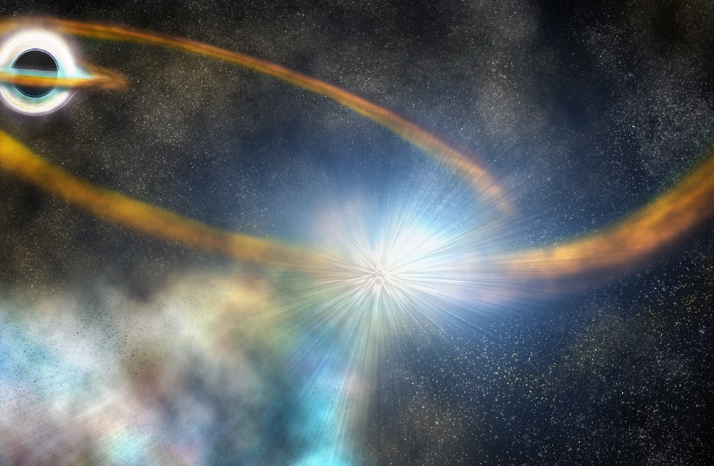 Ilustração mostra o momento em que o buraco negro "captura" a estrela, modelo é feito a partir de dados captados por satélites e são transformados em desenho – Ilustração: Robin Dienel/Carnegie Institution for Science