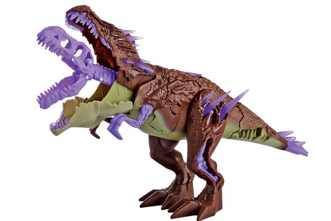 Ao ter a parte roxa das costas pressionada, o dinossauro abre a boca e exibe o esqueleto assustador. Fica em pé sozinho e tem braços e pernas móveis. Da Mattel, R$ 189,99. (Foto: Guto Seixas)