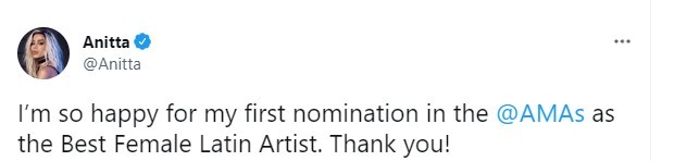 Anitta se pronuncia sobre indicação ao American Music Awards 2022 (Foto: Reprodução/Twitter)