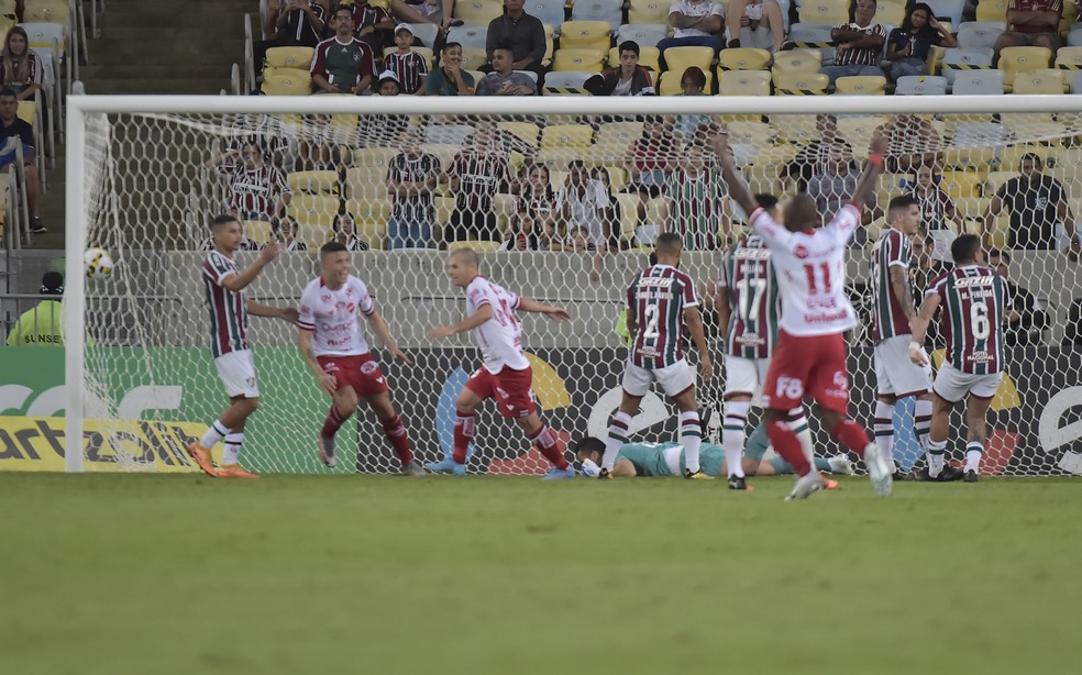 Jogadores do Vila Nova comemoram gol contra o Fluminense � Foto: Andr� Dur�o