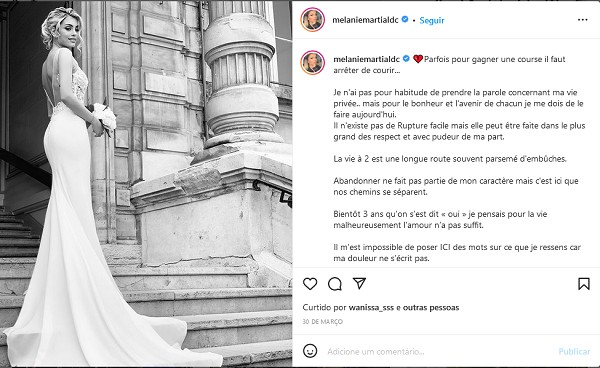 O post da agora ex-esposa do jogador de futebol francês Anthony Martial anunciando o término do casamento (Foto: Instagram)