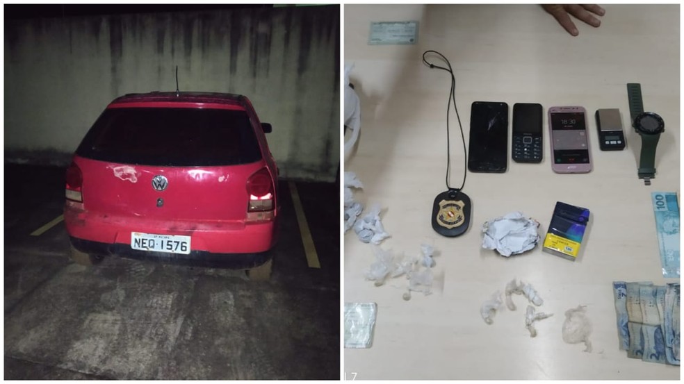 Veículo e drogas apreendidos com os suspeitos de tráfico de drogas — Foto: Polícia Civil/Divulgação