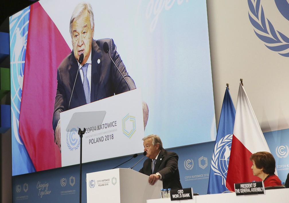 SecretÃ¡rio-Geral da ONU, Antonio Guterres, discursa no segundo dia da COP24, nesta segunda (3). â Foto: AP Photo/Czarek Sokolowski