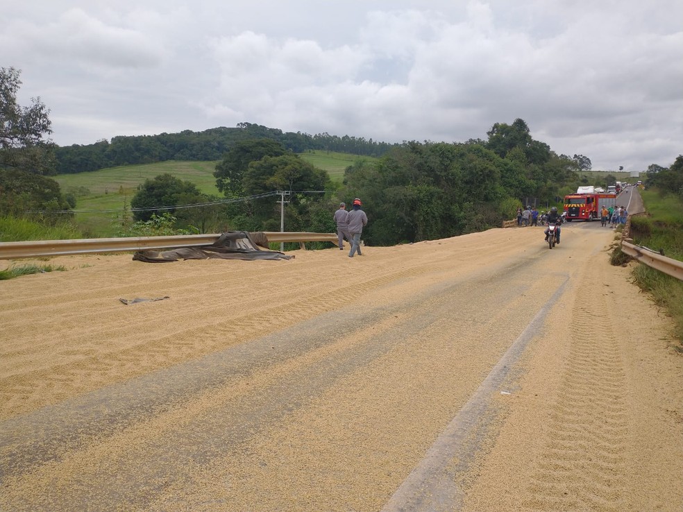 Carga de soja ficou espalhada pela pista — Foto: Corpo de Bombeiros