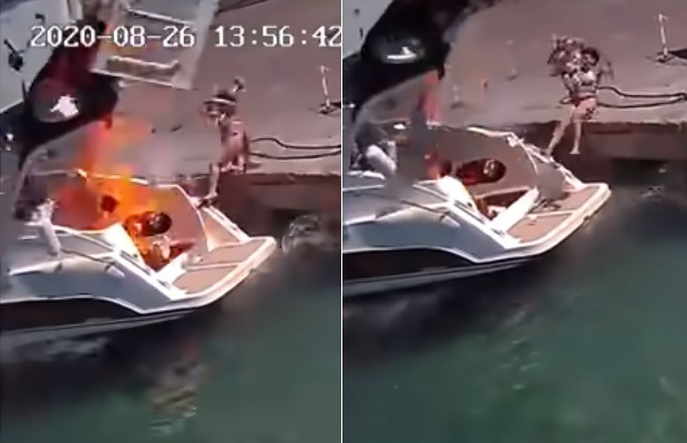 Explosão em navio arremessa mulher no mar (Foto: Reprodução )