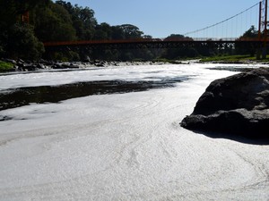 Água do Rio Piracicaba coberta de espuma nesta quinta-feira (23) (Foto: Fernanda Zanetti/G1)