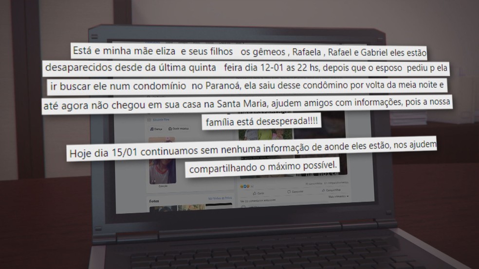 Publicação da Filha de Elizamar Silva, desaparecida em 12 de janeiro, no Distrito Federal — Foto: TV Globo/Reprodução