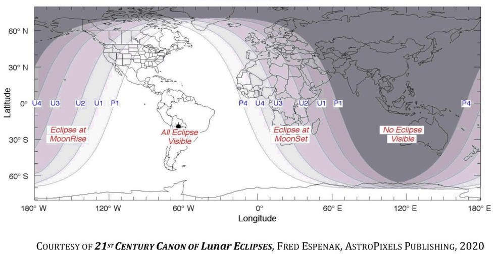 Todo o Brasil, América Central e partes da América do Norte podem constatar o fenômeno do eclipse lunar total — Foto: Observatório Didático de Astronomia/Divulgação