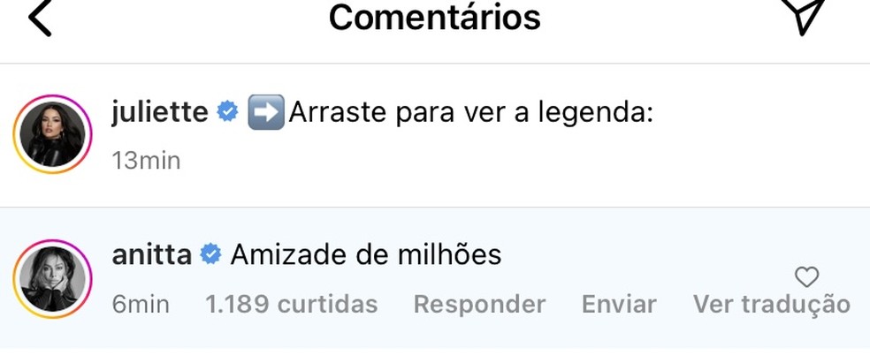 Anitta comentou em publicação de Juliette — Foto: Reprodução / Instagram