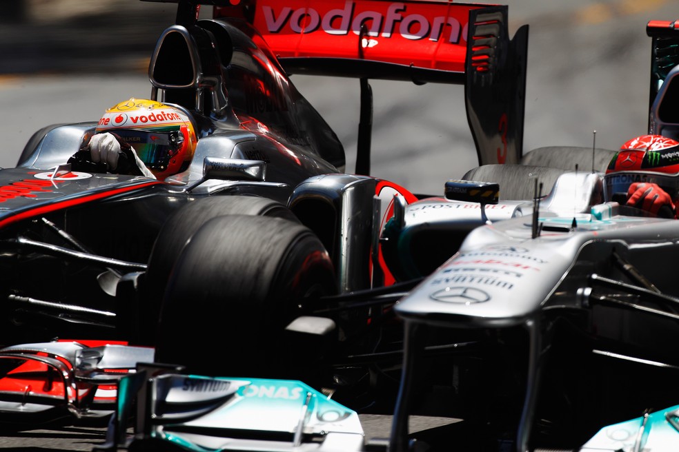 Hamilton e Schumacher correram juntos na F1 de 2010 a 2012 — Foto: Getty Images