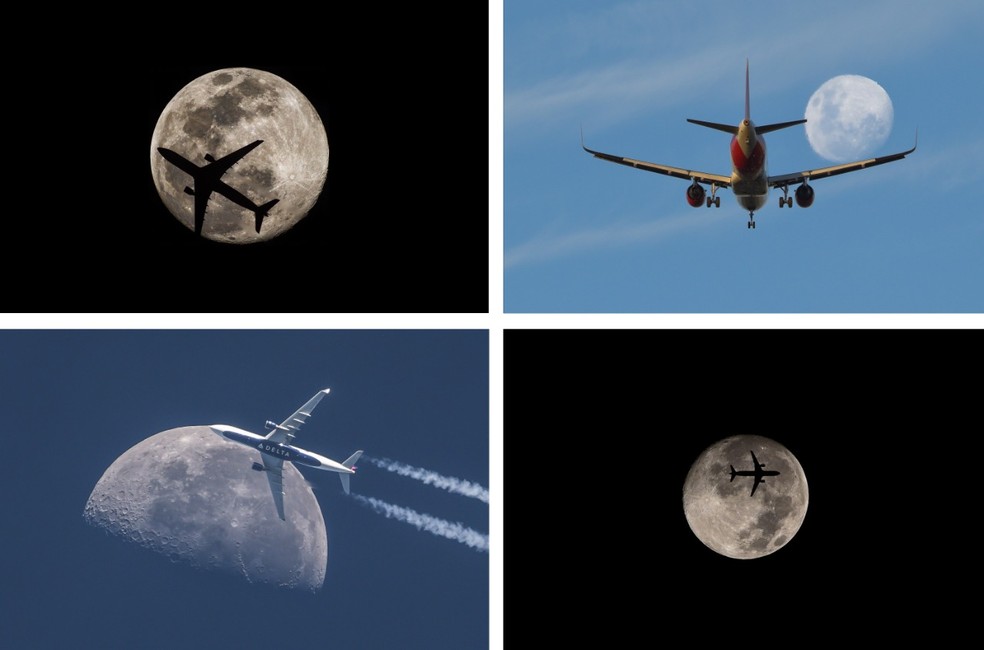 Aviões sobrevoam céu de Brasília; ao fundo, a lua — Foto: Leo Caldas/Arquivo pessoal