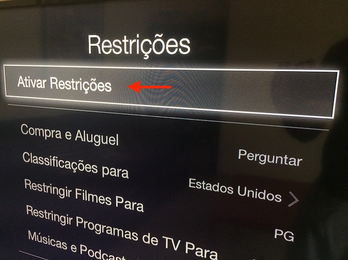 Iniciando a configuração das restrições de conteúdo da Apple TV (Foto: Reprodução/Marvin Costa)