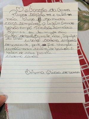 Carta que Bárbara entregou para o primo após rencontro em hospital (Foto: Cristina Boeckel/ G1)