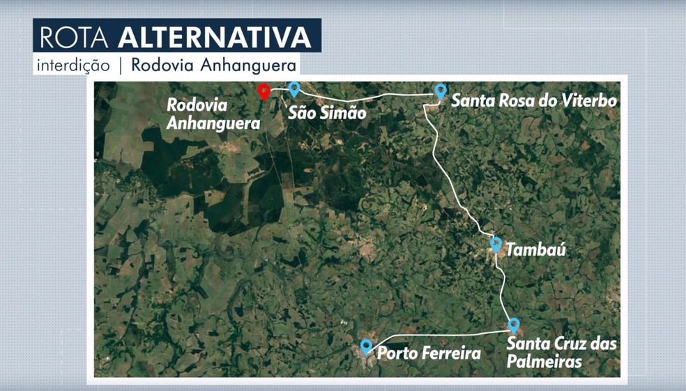 Trajeto para evitar interdição da Rodovia Anhanguera em Santa Rita do Passa Quatro — Foto: Reprodução/EPTV