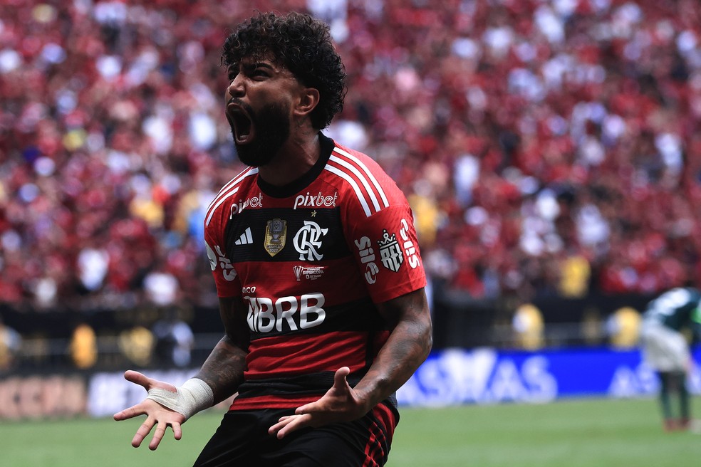 Gabigol comemora gol do Flamengo contra o Palmeiras &mdash; Foto: Ettore Chiereguini/AGIF