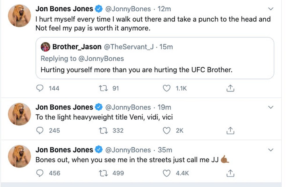 Os posts de Jon Jones no Twitter — Foto: Reprodução/Twitter