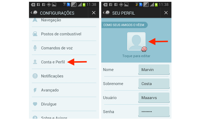 Acessando as configurações de perfil do Waze no Android (Foto: Reprodução/Marvin Costa)