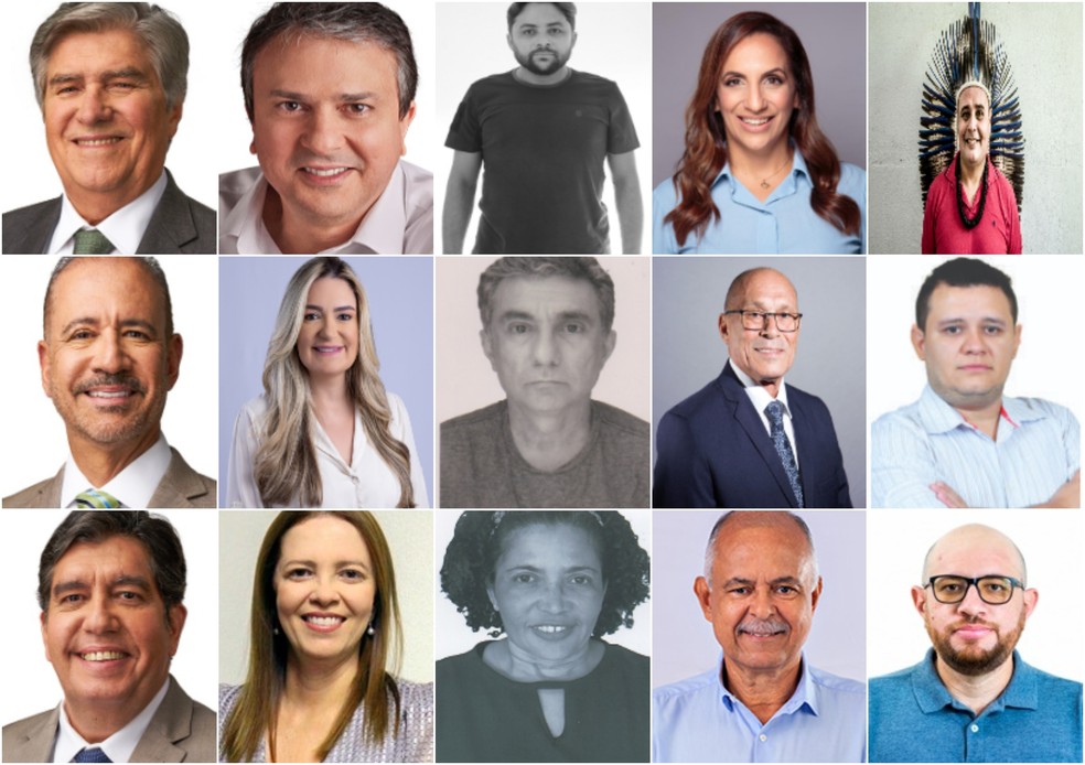 Candidatos ao Senado no Ceará; na fila superior: Amarílio Macêdo, Camilo, Carlos Silva, Kamila Cardoso, Paulo Anacé; na linha do meio: 1º suplente de cada candidato acima: Regis, Augusta Brito, Félix, Pastor Paixão, Prof. Walter Rebouças; na fila de baixa, 2º suplente do respectivo candidato acima: Dr. Cabeto, Janaina Farias, Maria do Carmo, Gelson Ferraz, Prof Analberto — Foto: TSE/Divulgação