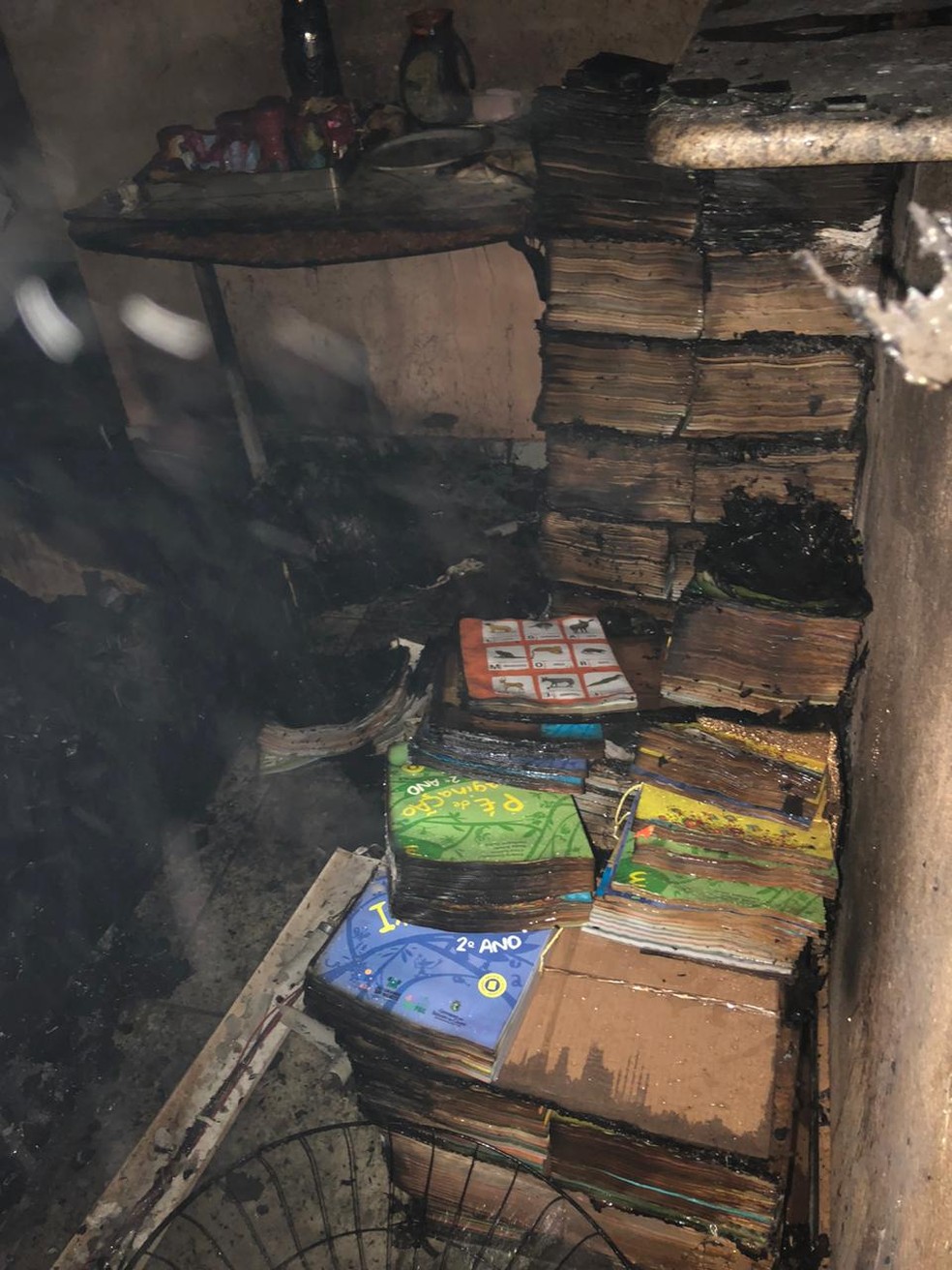 Livros foram atingidos pelo fogo durante incêndio em escola na região metropolitana de Natal — Foto: Cedida