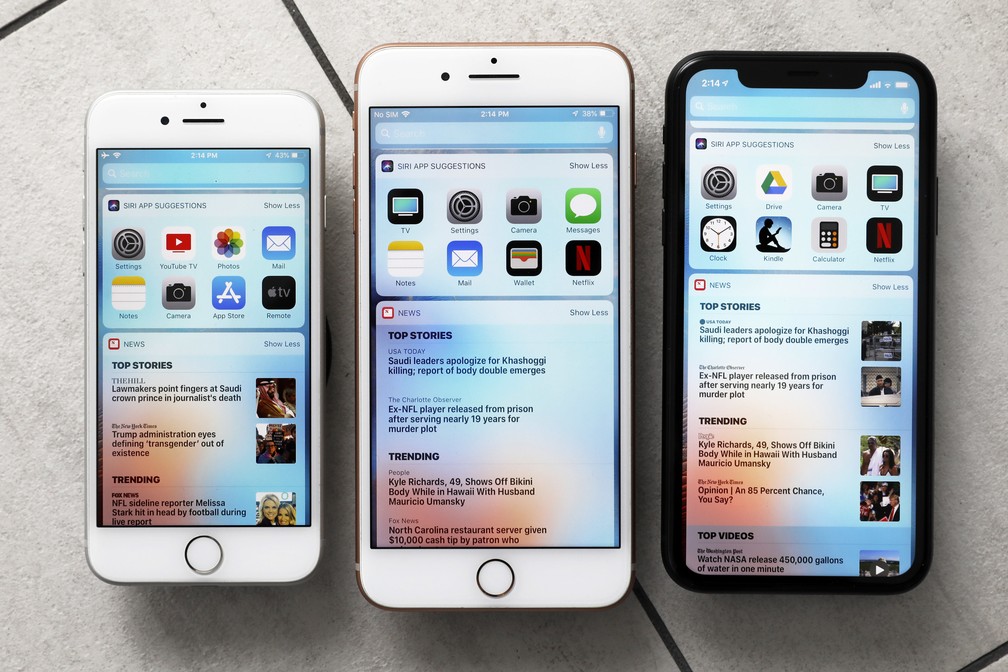 Iphones 8, 8 Plus e o novo XR, da direita para a esquerda — Foto: Associated Press