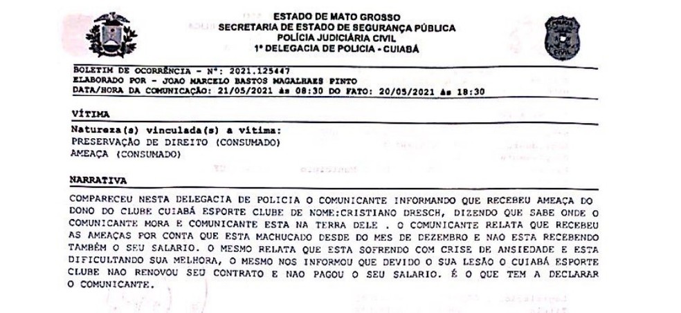 Luiz Gustavo registra ameaça que afirma ter sofrido por parte de Cristiano Dresch — Foto: Reprodução