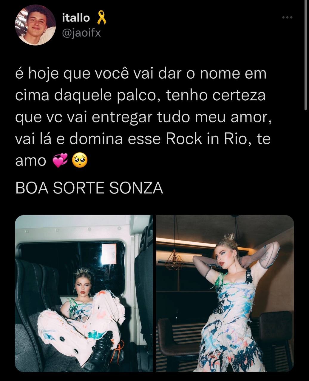 Fãs apoiam estreia de Luísa Sonza no Rock in Rio com hashtag 'Boa Sorte Sonza' (Foto: Reprodução /Twitter)