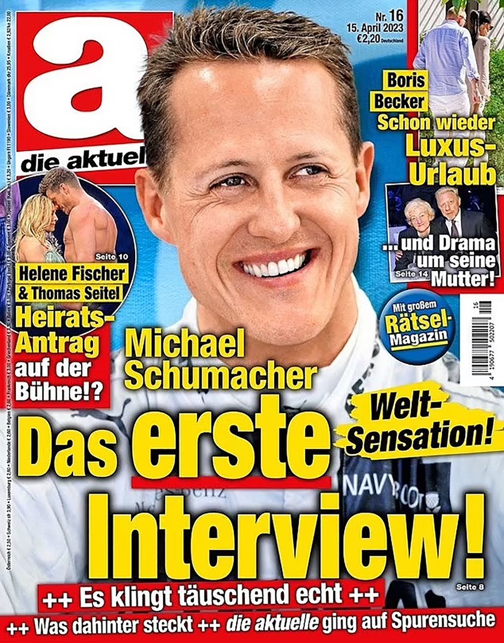 Capa de revista alem&atilde; que publicou entrevista gerada por intelig&ecirc;ncia artificial com Michael Schumacher &mdash; Foto: Reprodu&ccedil;&atilde;o/Die Aktuelle
