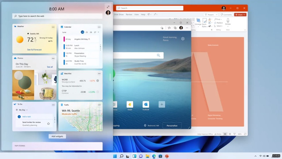 Windows 11 tem nova área para notícias, previsão do tempo e mapas. — Foto: Reprodução