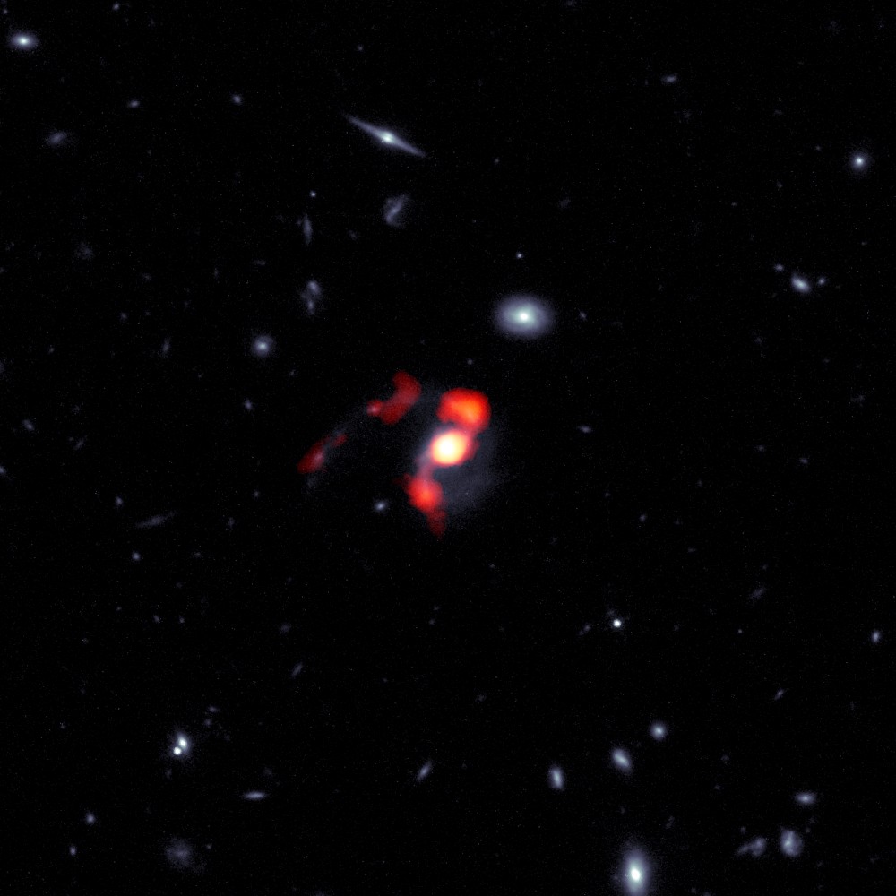 Imagem da galáxia SDSS J1448+1010 feita pelo Observatório ALMA (Foto: ALMA/ S.Dagnello, J. Spilker )