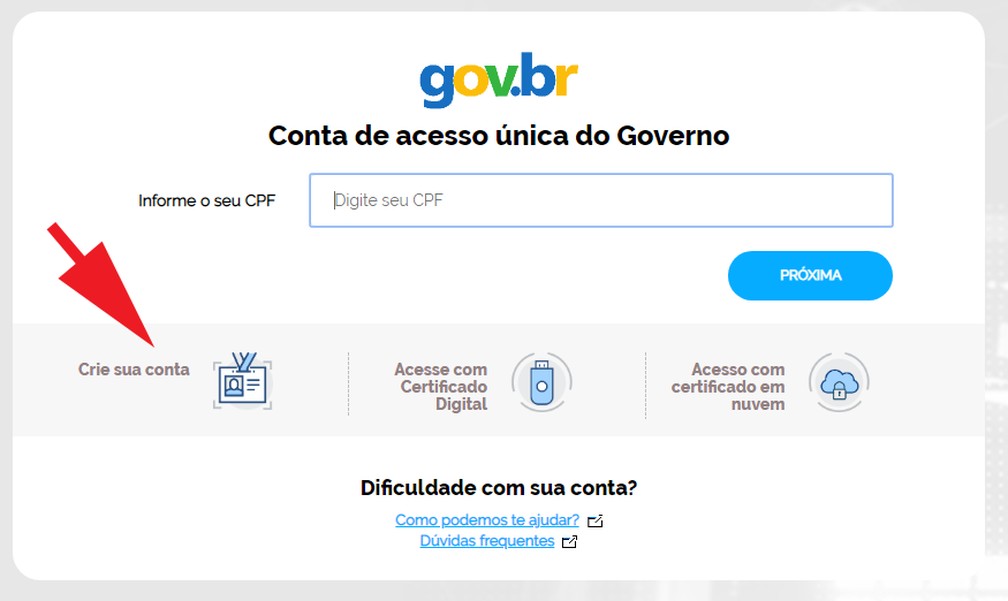 Para usar o portal gov.br é preciso criar uma conta — Foto: Reprodução