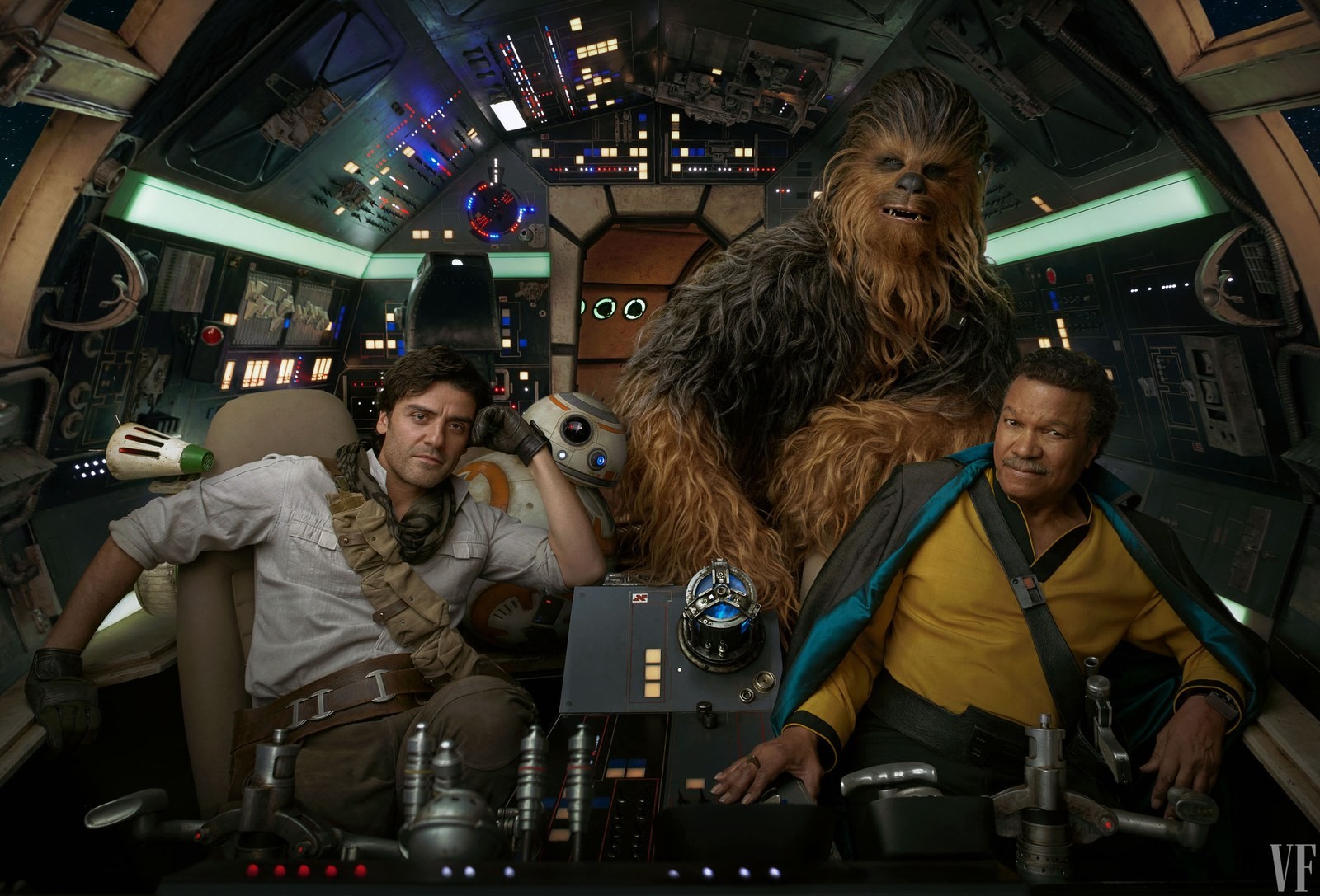 Lando Calrissian (Billy Dee Williams) retoma o comando do Millennium Falcon, acompanhado por Poe Dameron (Oscar Isaac), Chewbacca, D-O e BB-8 (Foto: ANNIE LEIBOVITZ)