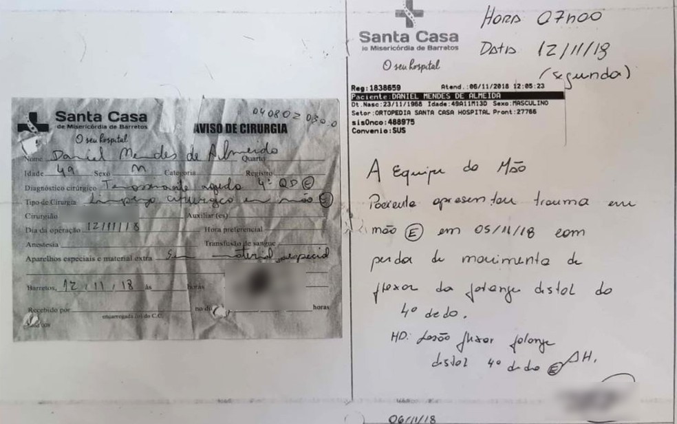Documentos do atendimento mostram que paciente em Barretos, SP, tinha lesão no dedo anelar da mão esqueda — Foto: Arquivo pessoal/Divulgação