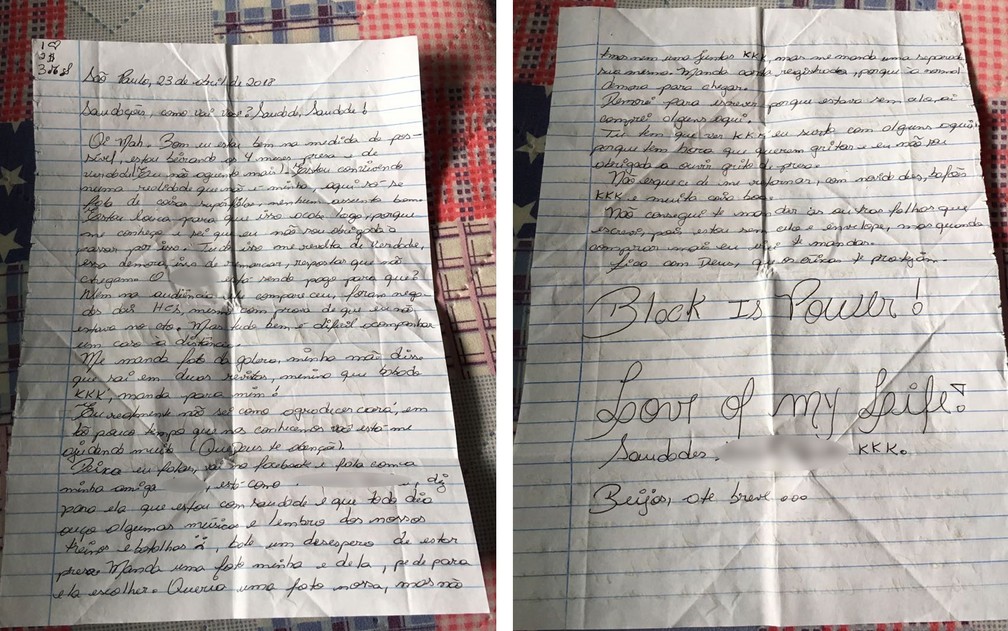 Cartas escritas por Bárbara Querino para amiga: 'Eu não estava no ato' — Foto: Reprodução/Arquivo pessoal