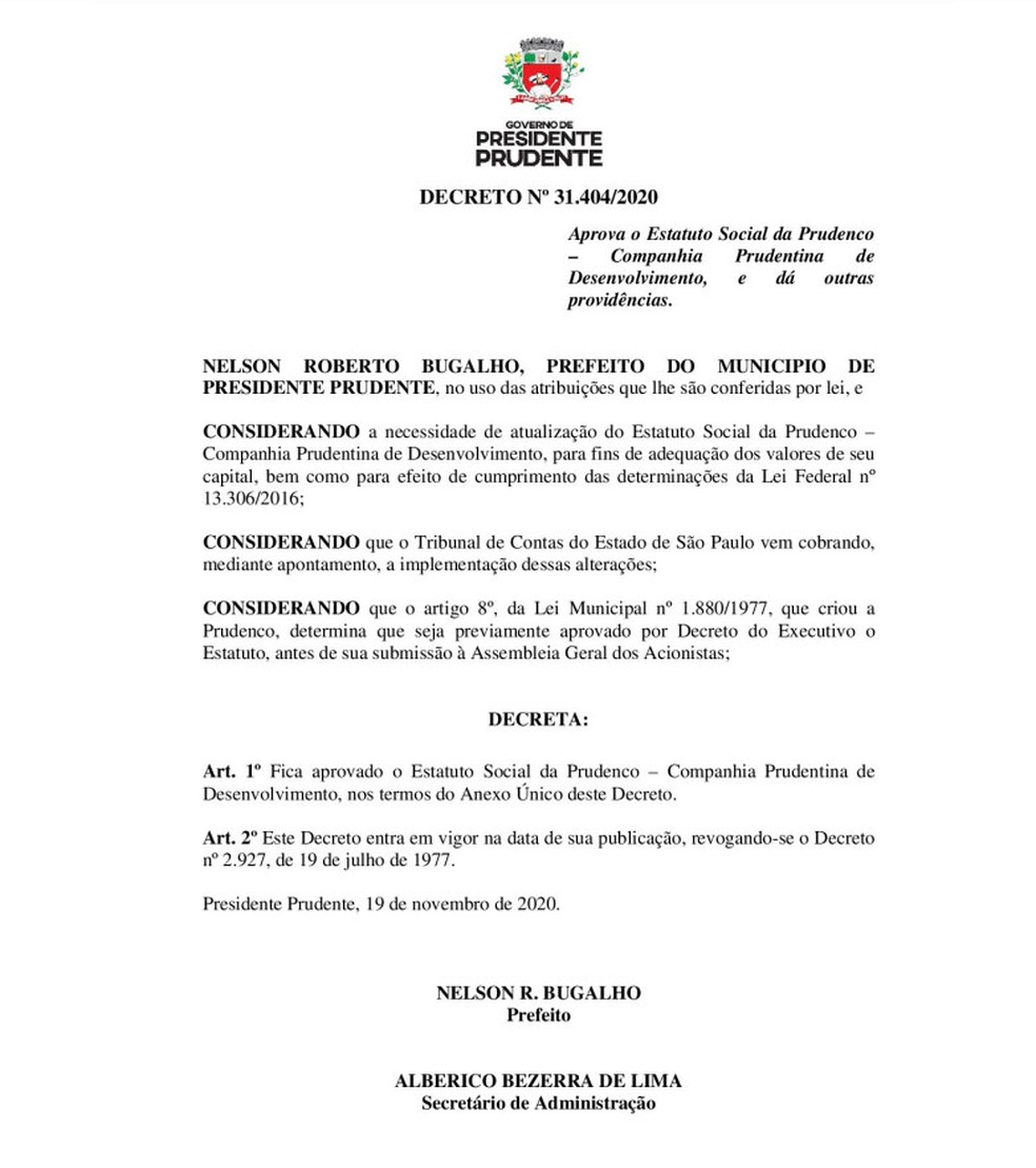 Decreto publicado nesta terça-feira (24) pela Prefeitura aprova o novo estatuto social da Prudenco — Foto: Reprodução