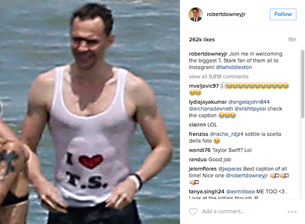 Uma piada feita por Robert Downey Jr. no Instagram com a camisa de Tom Hiddleston declarando seu amor por Taylor Swift  (Foto: Instagram)
