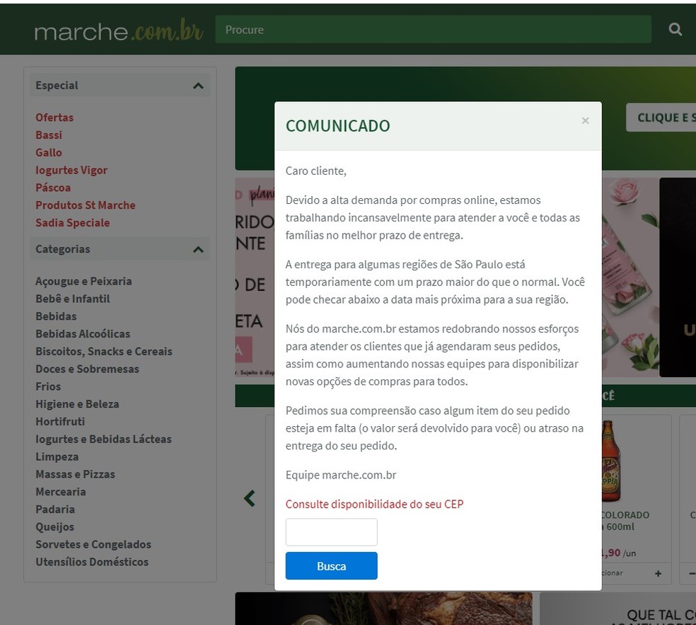Supermercado St Marche informando os consumidores sobre tempo maior de entregas — Foto: Reprodução