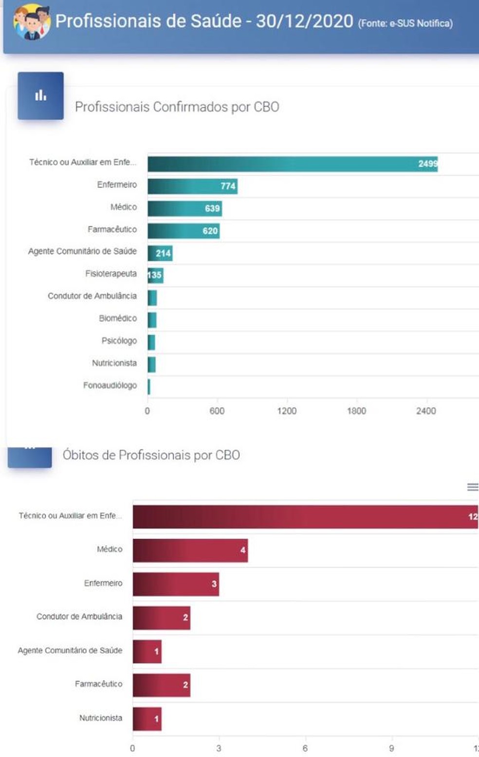 Dados sobre profissionais de saúde contaminados e mortos pela Covid-19 em Rondônia — Foto: Painel Covid/Reprodução 
