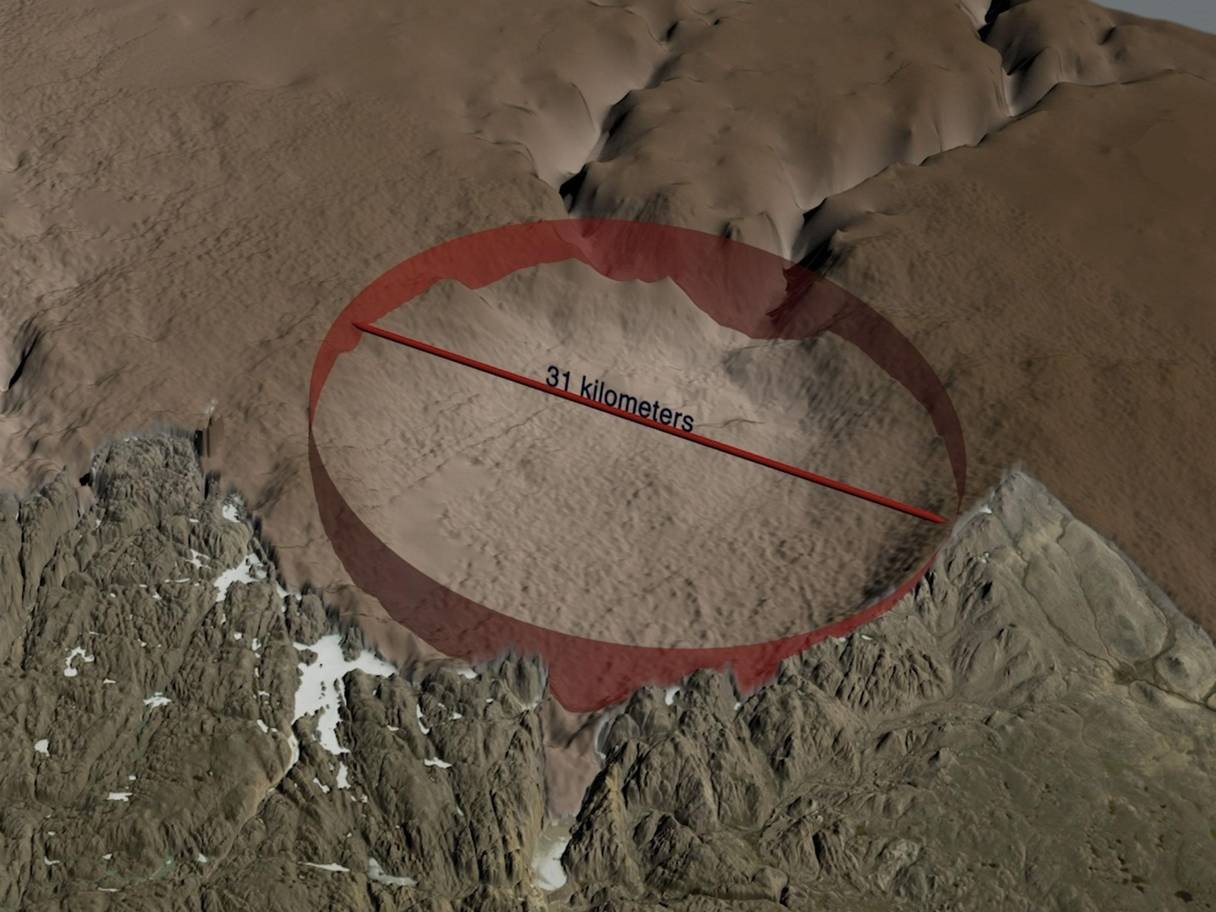 Diâmetro da cratera é praticamente do tamanho da cidade de Paris (Foto: Reprodução/Science Advances/Iain McDonald)