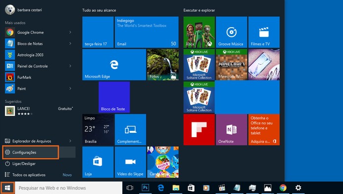 Acesse as configurações no Menu Iniciar do Windows 10 (Foto: Reprodução/Barbara Mannara)