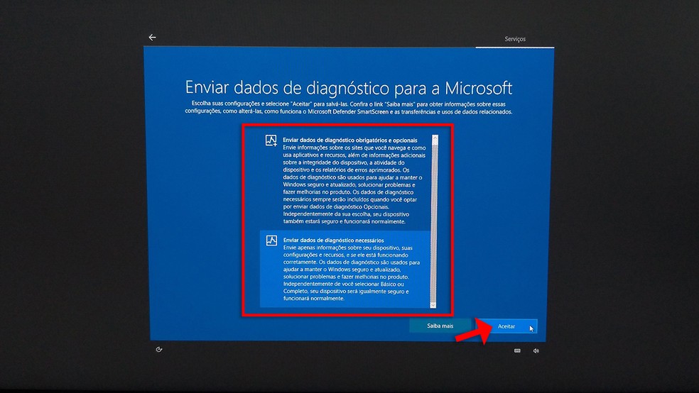 Usuário pode escolher, durante a configuração do Windows 10, quais dados de diagnóstico serão enviados para a Microsoft — Foto: Reprodução/Rafael Leite