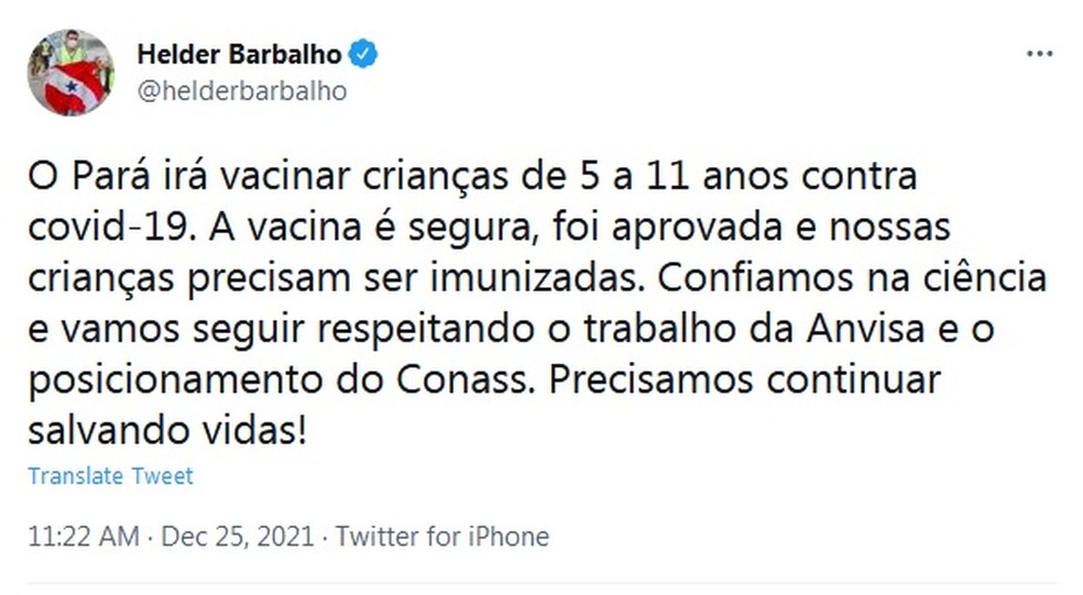 Governador do Pará se posiciona sobre vacinação infantil contra Covid. — Foto: Reprodução / Twitter