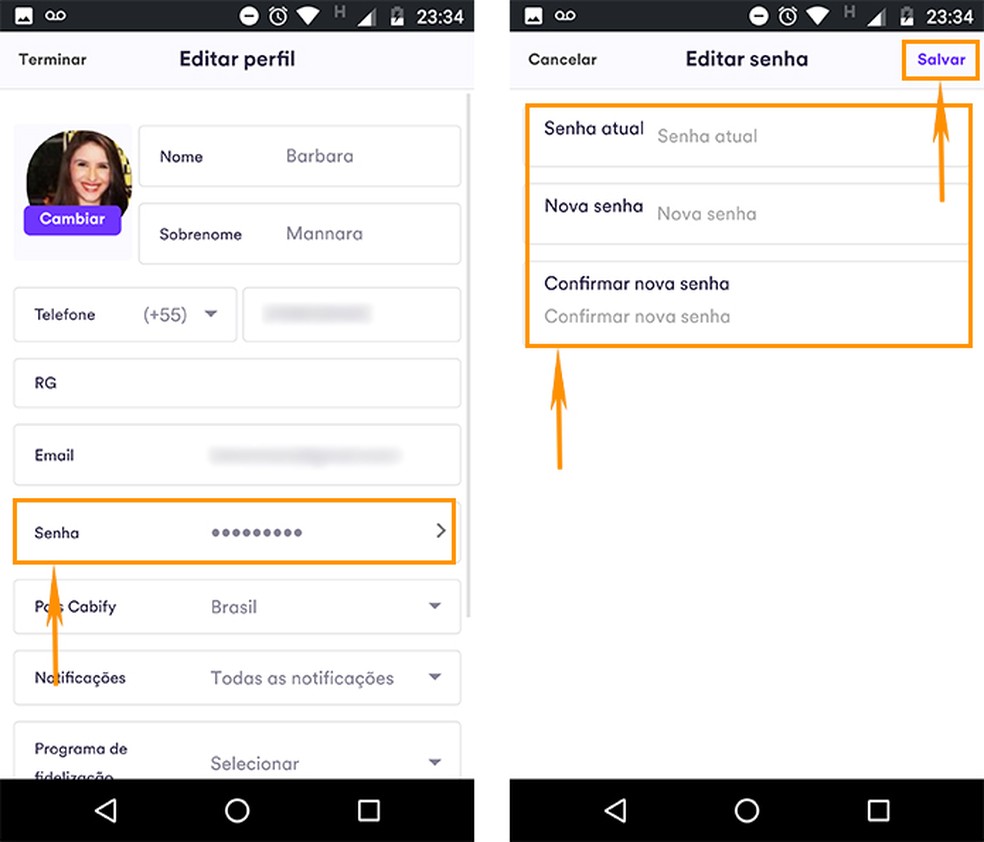 Altere sua senha do Cabify para maior segurança de acesso no celular (Foto: Reprodução/Barbara Mannara)