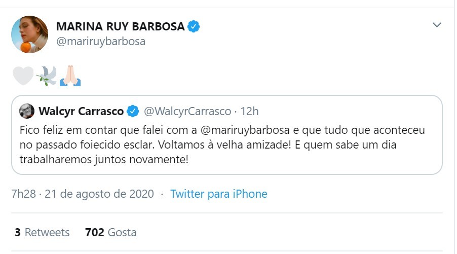 Marina Ruy Barbosa sela a paz com Walcyr Carrasco (Foto: Reprodução/Twitter)