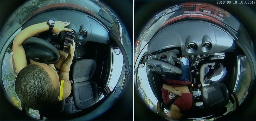 Flagrantes de aluno mexendo ao celular e outro dormindo: nos dois casos não há instrutor no veículo — Foto: Reprodução/Videomonitoramento