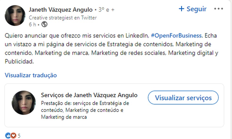 A estrategista criativa Janeth Vázquez também foi objetiva: 'Deem uma olhada em minha página no Linkedin' — Foto: Reprodução/ LinkedIn
