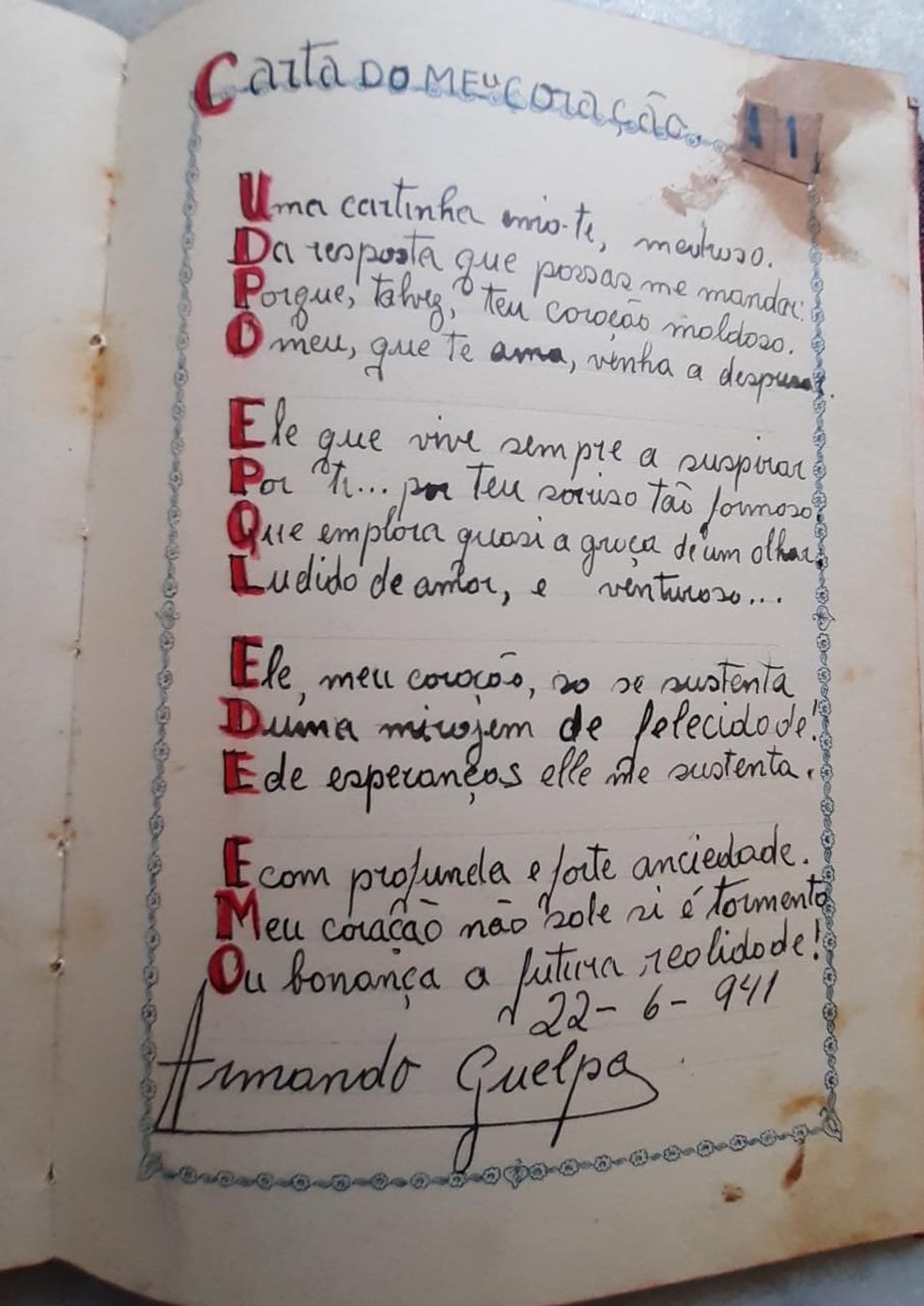 Armando escreveu, em Marília, poemas para sua esposa em 1939 — Foto: Arquivo Pessoal